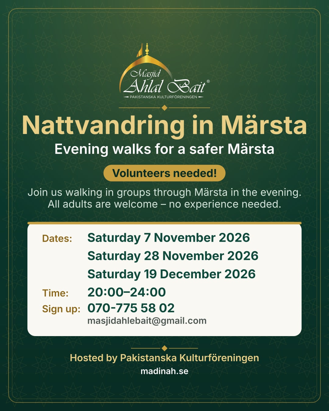 Poster: Nattvandring in Märsta, volunteers needed. Saturdays 7 November, 28 November and 19 December 2026, 20:00–24:00. Sign up: 070-775 58 02.